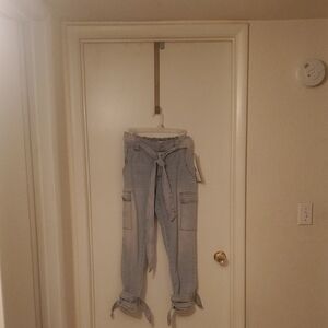 Light Wash Tie-Waist Cargo Jeans